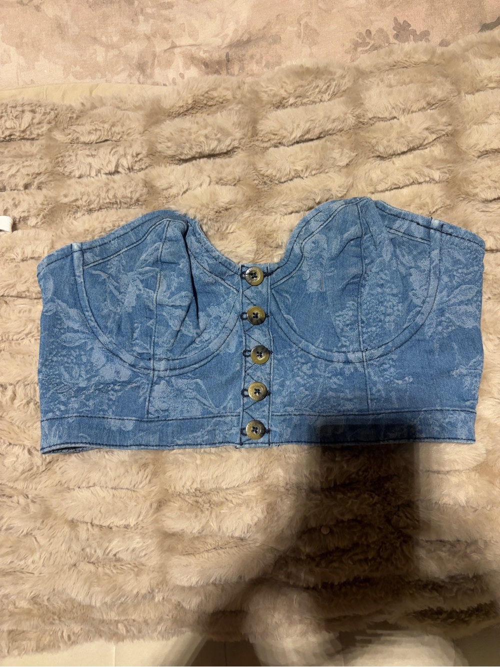 Guess Denim Blue Floral Jacquard Bustier Crop Top